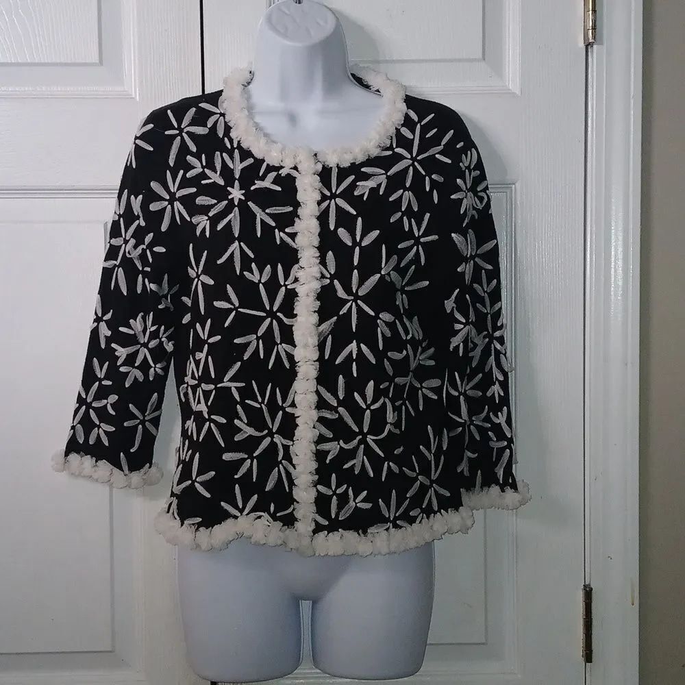 Michael Simon vintage snowflake button down cardigan white trim Sz S
